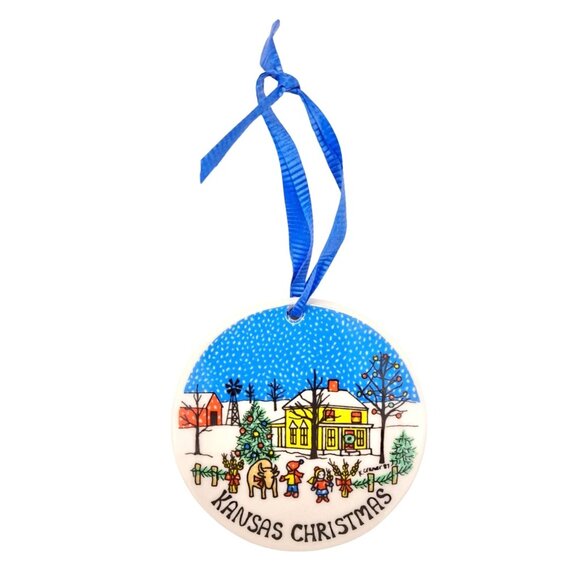 Vintage Kansas Christmas Porcelain Ornament Kathryn Cramer Farm 3 Inches 1987 - Picture 1 of 5